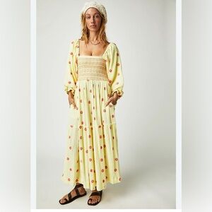 Free People Light Yellow Maxi Dress with Red Floral Pattern size XS